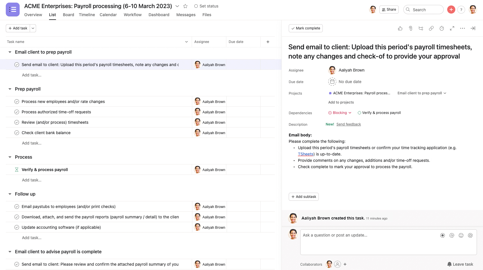 A mock up of a payroll processing workflow in Asana. The workflow is in a list format, using assignees, and the first task in the list is open so you can see its description.