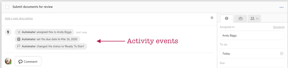 Automator activity events