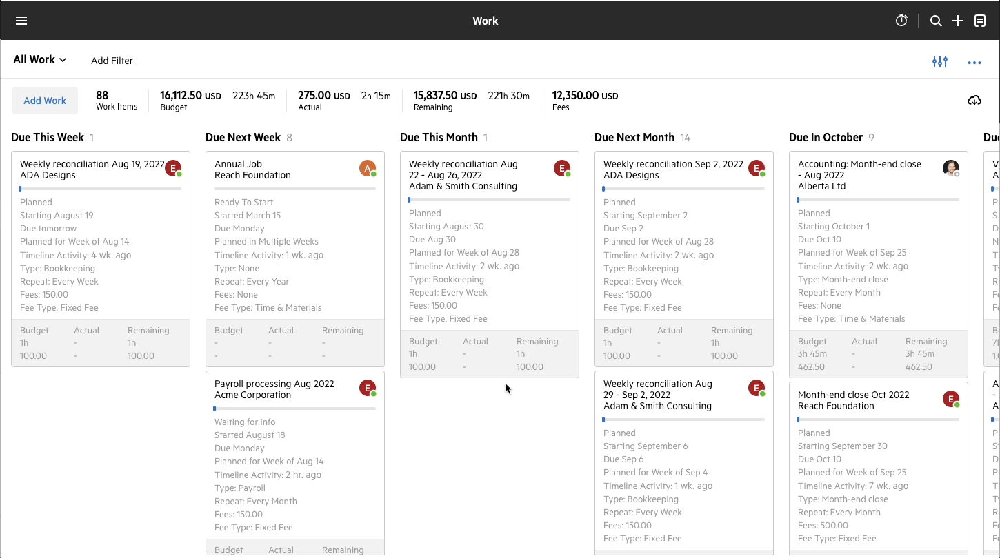 See information at-a-glance with an information overlay in Karbon's work view. A .gif of the Kanban view in Karbon that displays the user clicking into a work card and bringing up the work overlay, which displays an 'at-a-glance' view of the work's high-level information, including a checklist of items.