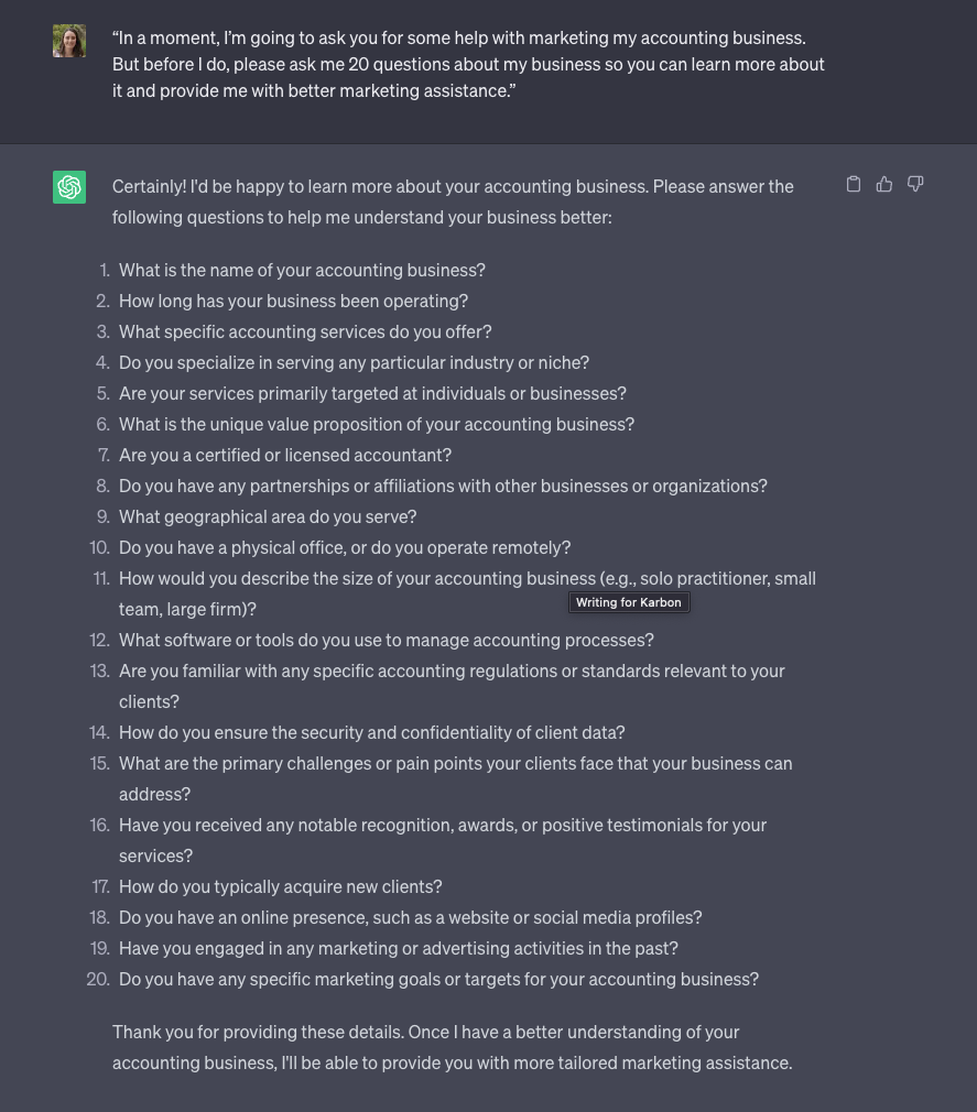 A screenshot of ChatGPT being asked to ask the user 20 questions about their business so it can better understand what they do before offering marketing assistance