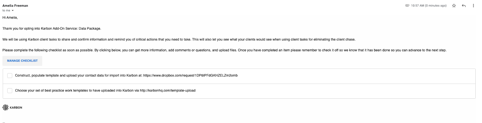 Karbon Client Portal email example