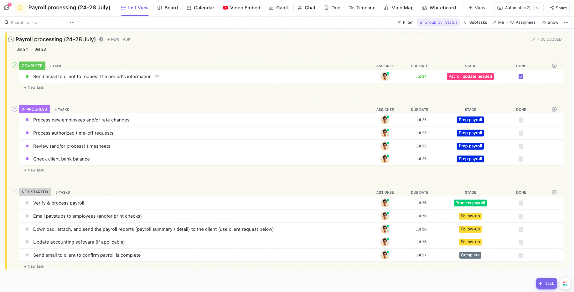 A list view of a payroll processing workflow template taken from the Karbon Template Library and rebuilt in ClickUp