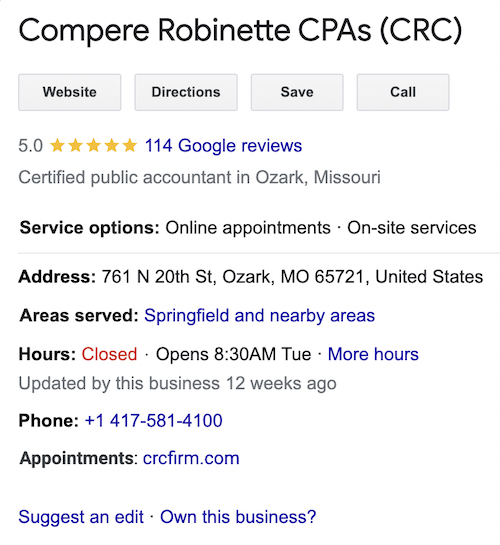 Compere Robinette CPAs (CRC)'s Google Business Profile — it's a great example of an accounting firm maximizing their online presence to get new leads.