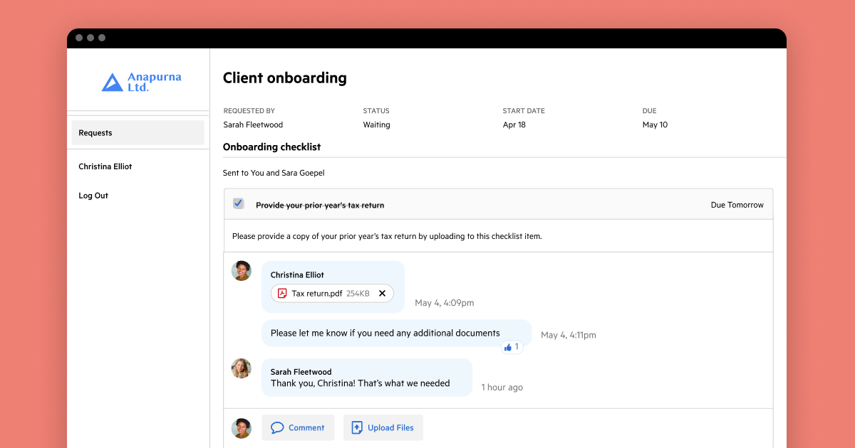Client Portal in Karbon A visualization of the Client Portal in Karbon. On the left is a mock accounting firm logo, with 'Requests', 'Christina Elliot' and 'Log Out' underneath. The main screen is the portal in action, with a discussion happening between an accountant and their client regarding taxation documentation.