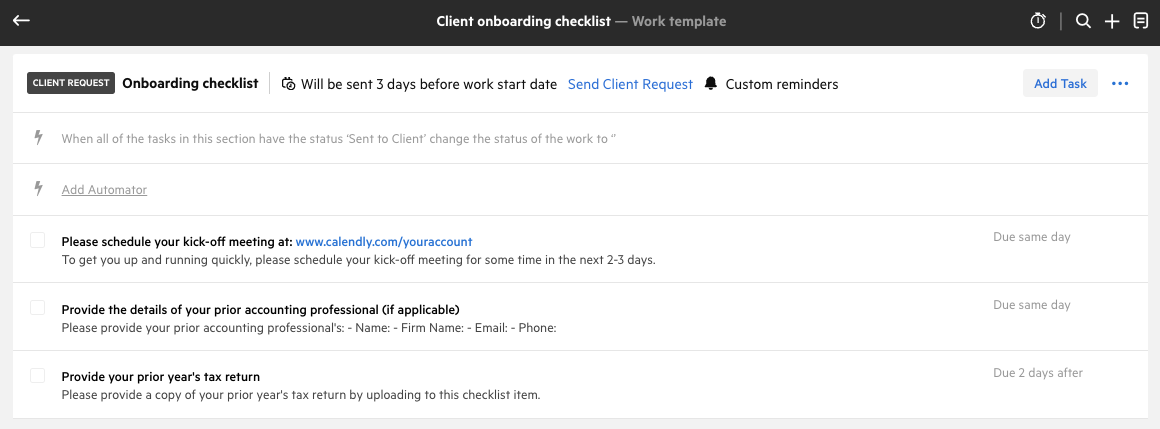 A screenshot of the automatic Client Request email step in the client onboarding checklist template by Karbon