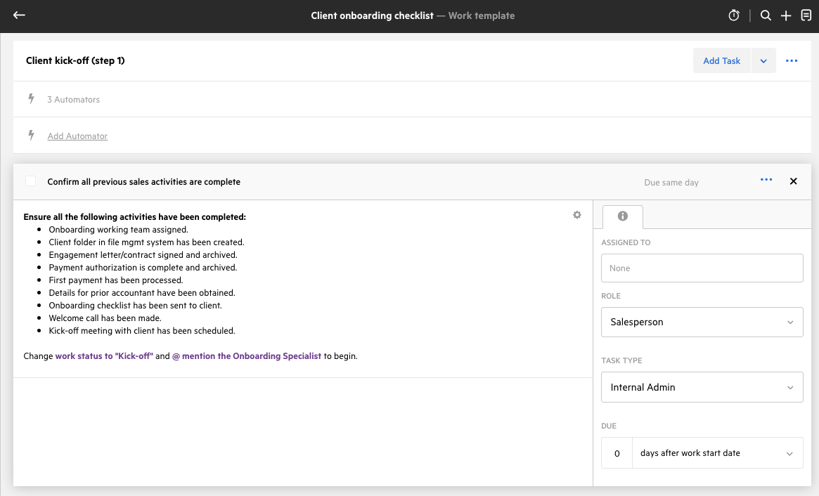 A screenshot of step 1 in the Karbon Client Onboarding template for accounting firms