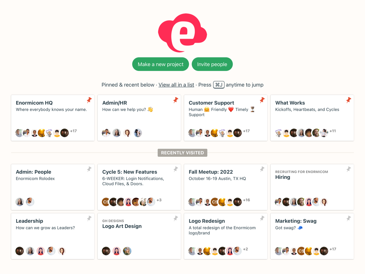 A mock up of an organization's Home dashboard in Basecamp