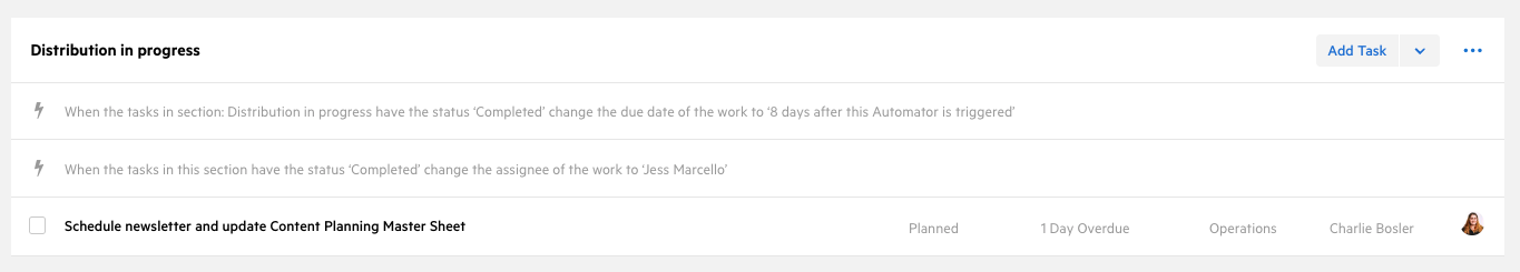 Distribution automator settings in PEW work item in Karbon Karbon task view for newsletter distribution showing automated rules to set a new due date and reassign the work to Jess Marcello.