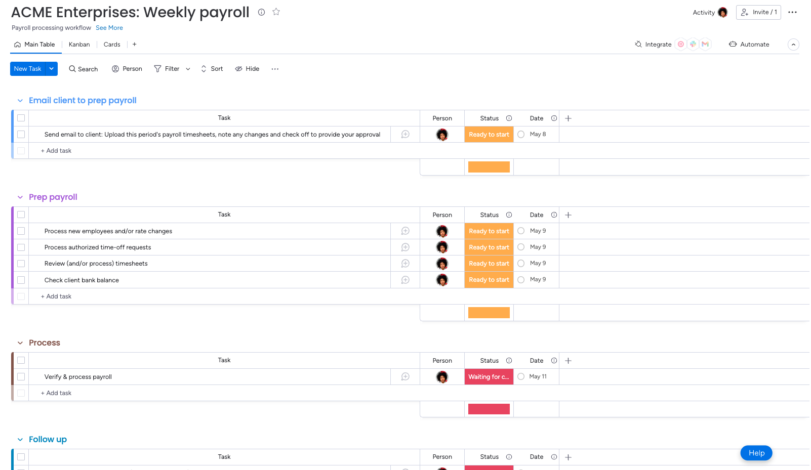 A mock up of a payroll processing workflow in Monday.com. The workflow is in a table format, using assignees, color-coordinated statuses, and due dates.