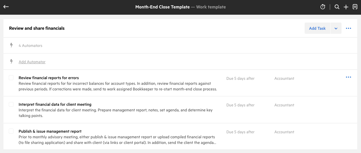 A screenshot of the Month-End Close template from the Karbon Template Library. This section is for the 'Review and share financials' stage of the process and contains 3 tasks.