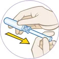 Sobre fondo blanco y dentro de un círculo, hay un gráfico de unas manos que abren el tampón con el aplicador, extendiéndolo.