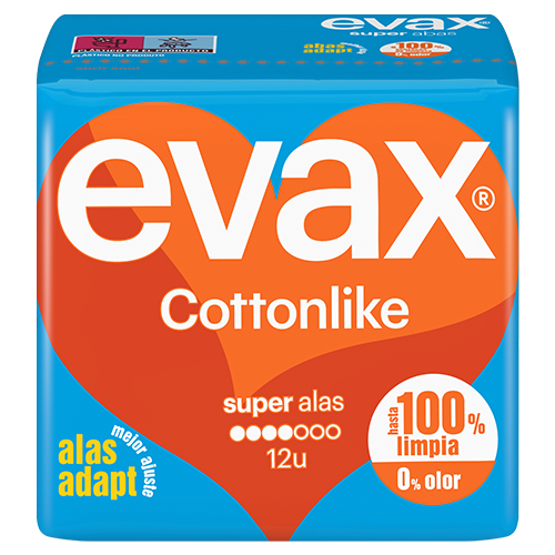 Un paquete azul de compresas Evax Cottonlike Super Alas, con un corazón rojo y un texto: 100% limpia.