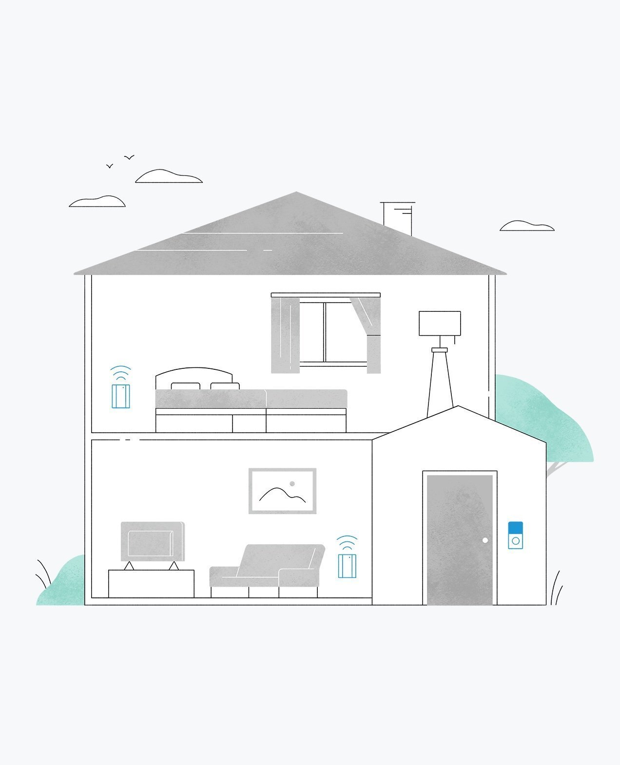 Illustration of home with Ring Chime Pro devices in lounge and bedroom, connected from front door video doorbell.