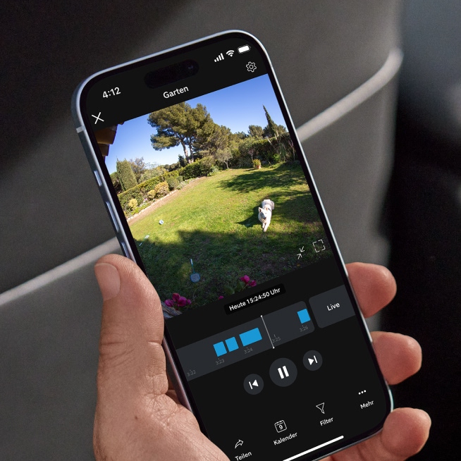 Smartphone zeigt Ring App-Wiedergabe eines laufenden Hundes im Garten mit 24/7-Aufnahme-Zeitleiste.