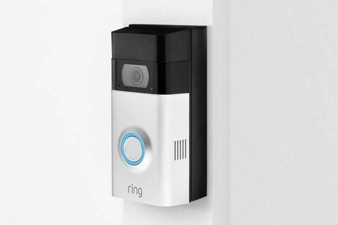 Ring Video Doorbell mounted with corner kit to adjust viewing angle for improved visitor detection.