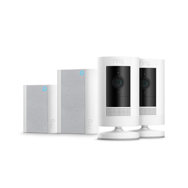 Ring accessory bundle with two Indoor Cams and two Chime devices in white with grey speaker fronts.
