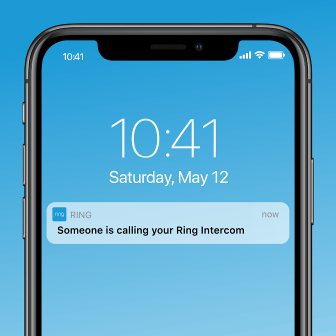 Phone shows real-time alerts for intercom buzz, self-entry by resident, and Amazon parcel delivery at entrance.