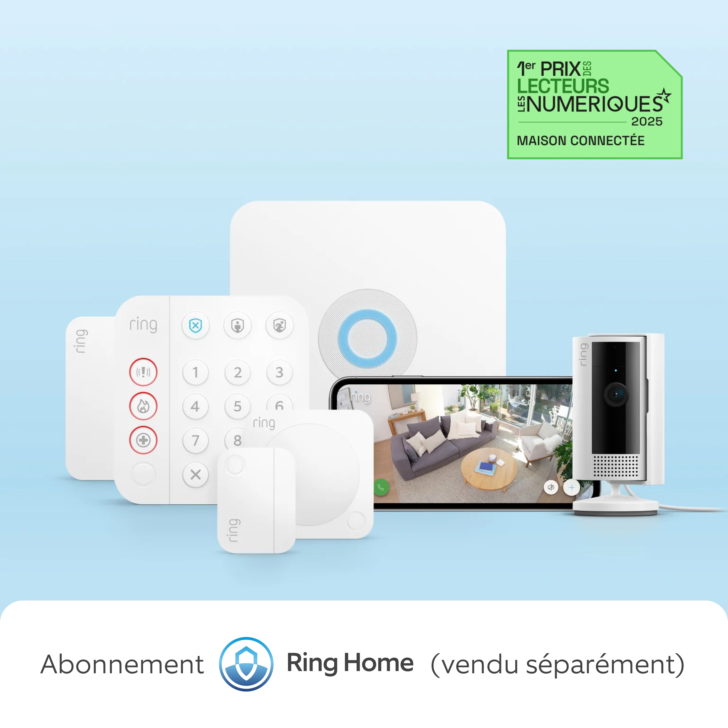 Appareils Ring Alarm avec caméra, clavier, capteurs, Base Station et téléphone montrant la vue en direct du salon.