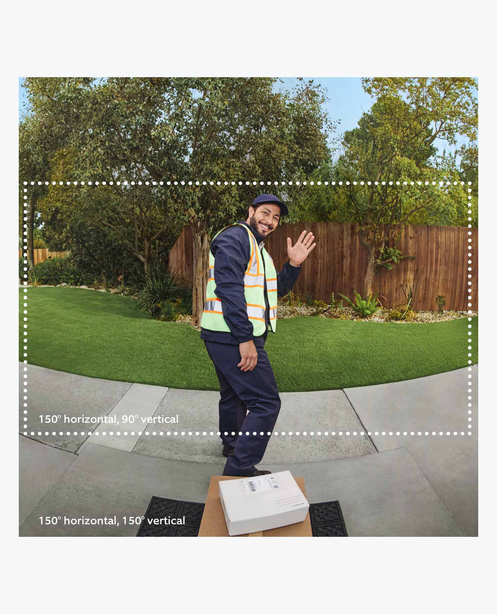Smiling courier waves after delivery; wide Head-to-Toe view shows full body and parcel on doorstep with coverage zones.