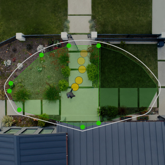 Overhead view of garden with shaded 3D Motion Detection zones and movement path marked by yellow dots.