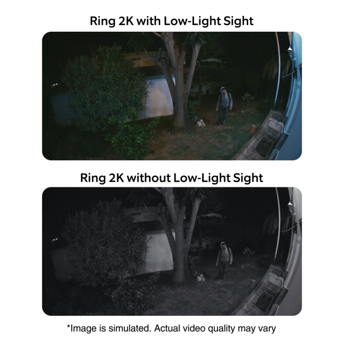 Vidéo en direct d'un homme dans le jardin la nuit, en couleur 2K, avec et sans vision nocturne.