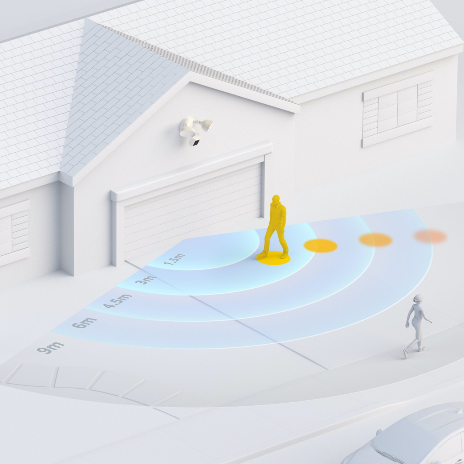 Video shows 3D Motion Detection and Bird's Eye View tracking a visitor's path across garden to front door.