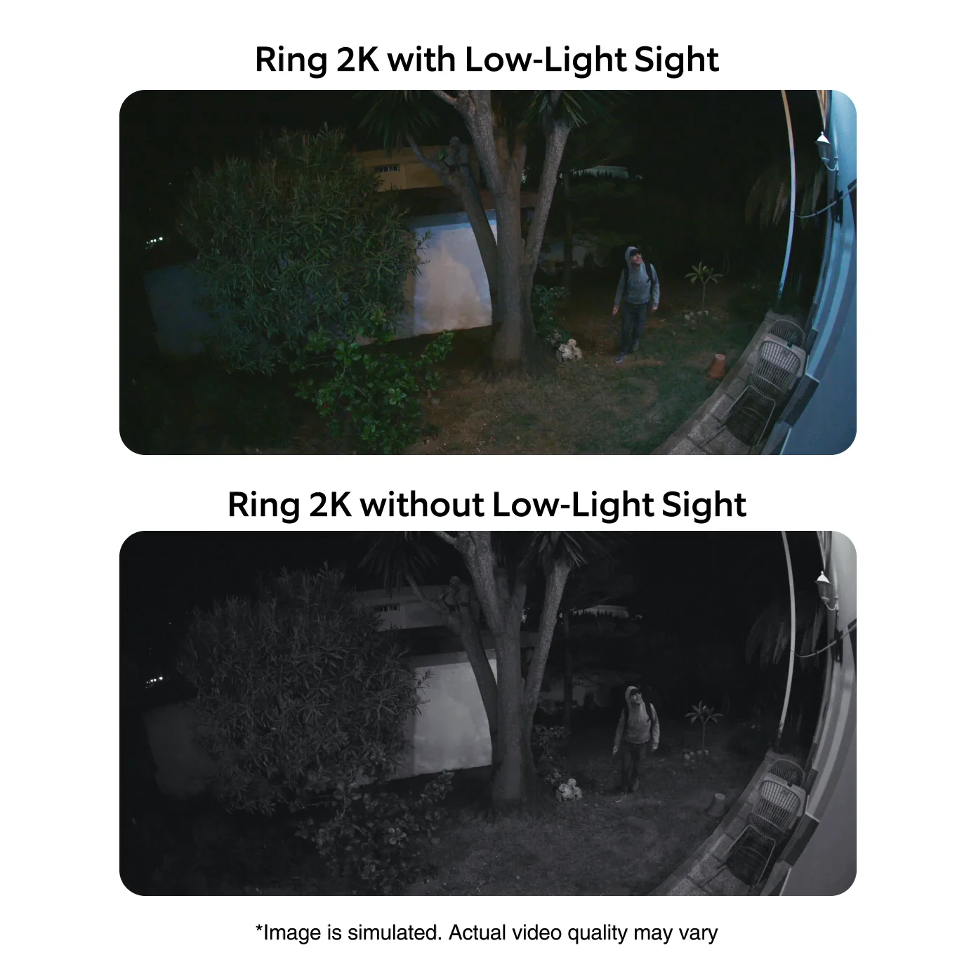 Live video of man in back garden at night shown in vivid 2K colour using Low-Light Site and without Low-Light Sight.
