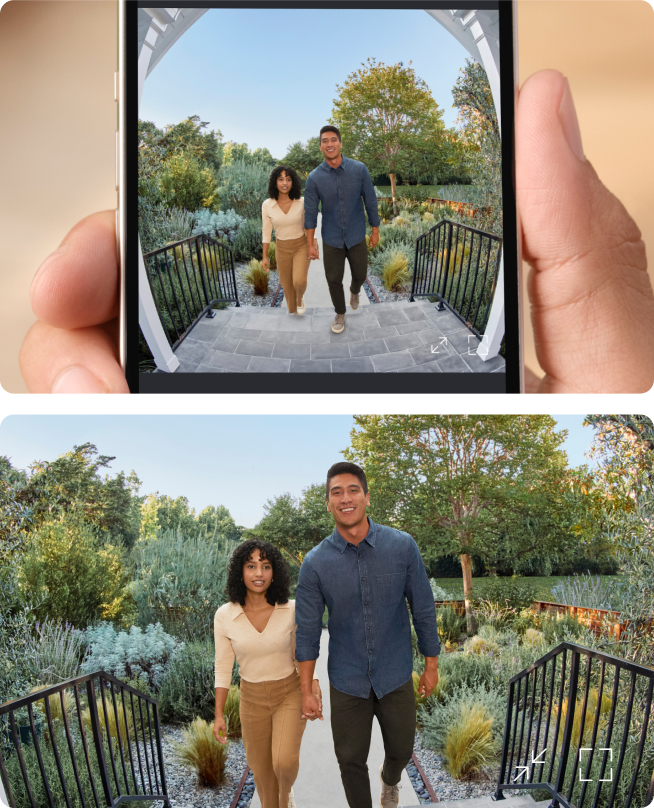 Man and woman approach front door; camera shows clear, wide-angle view in 1536p HD on smartphone screen.
