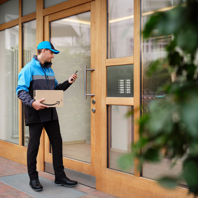 Amazon delivery driver scans phone to unlock building door for parcel drop-off using Auto-Verify access.