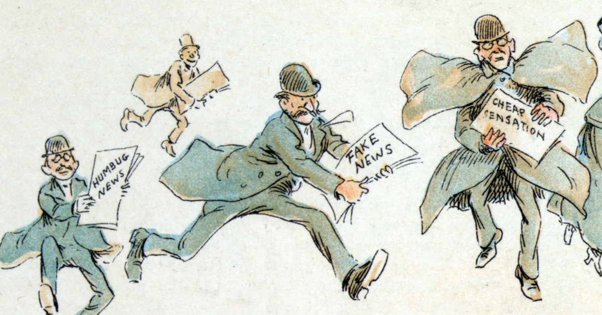 Ilustração antiga de pessoas espalhando fake news em jornais