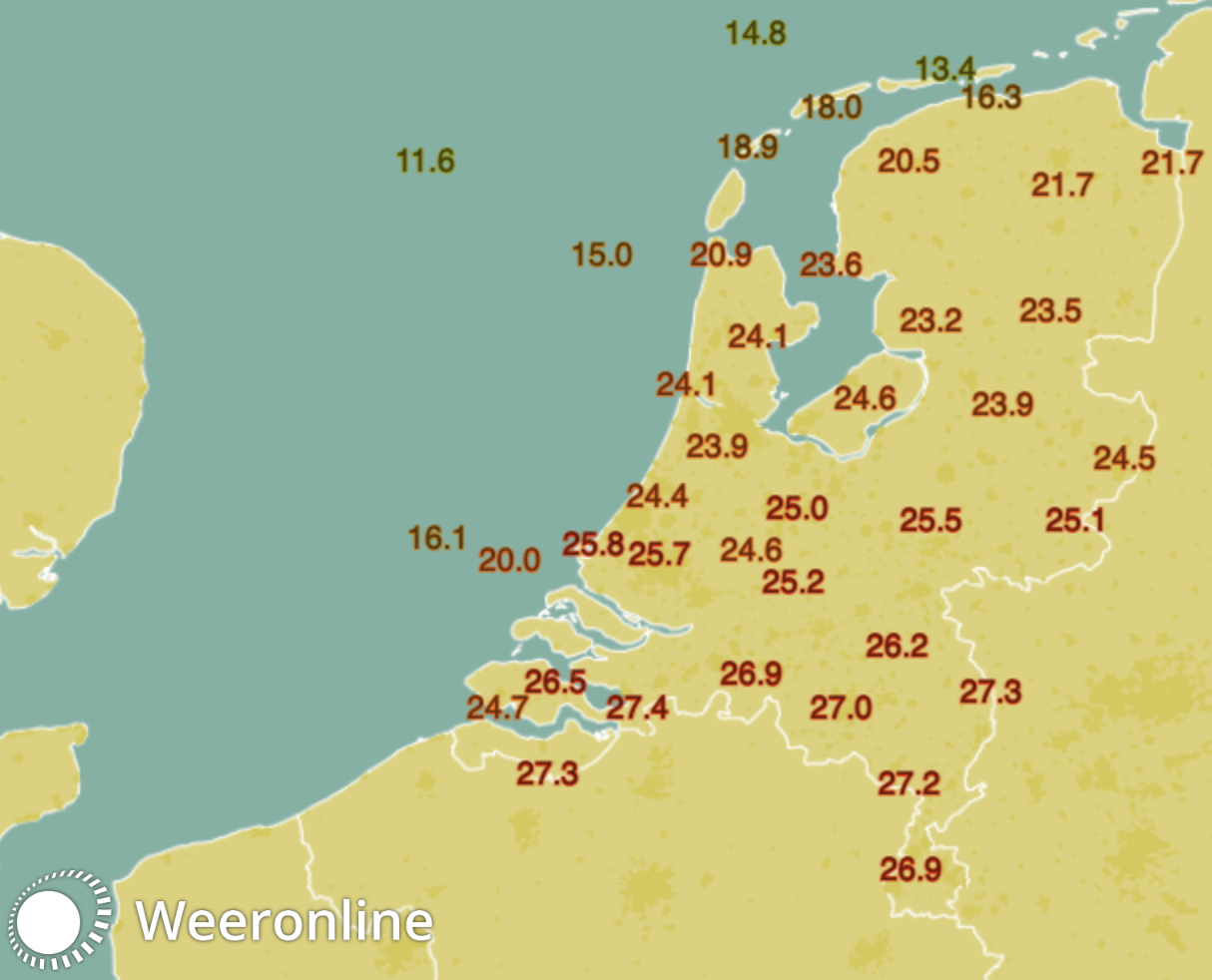 Maximumtemperatuur zondag 15 mei 2022, Weeronline
