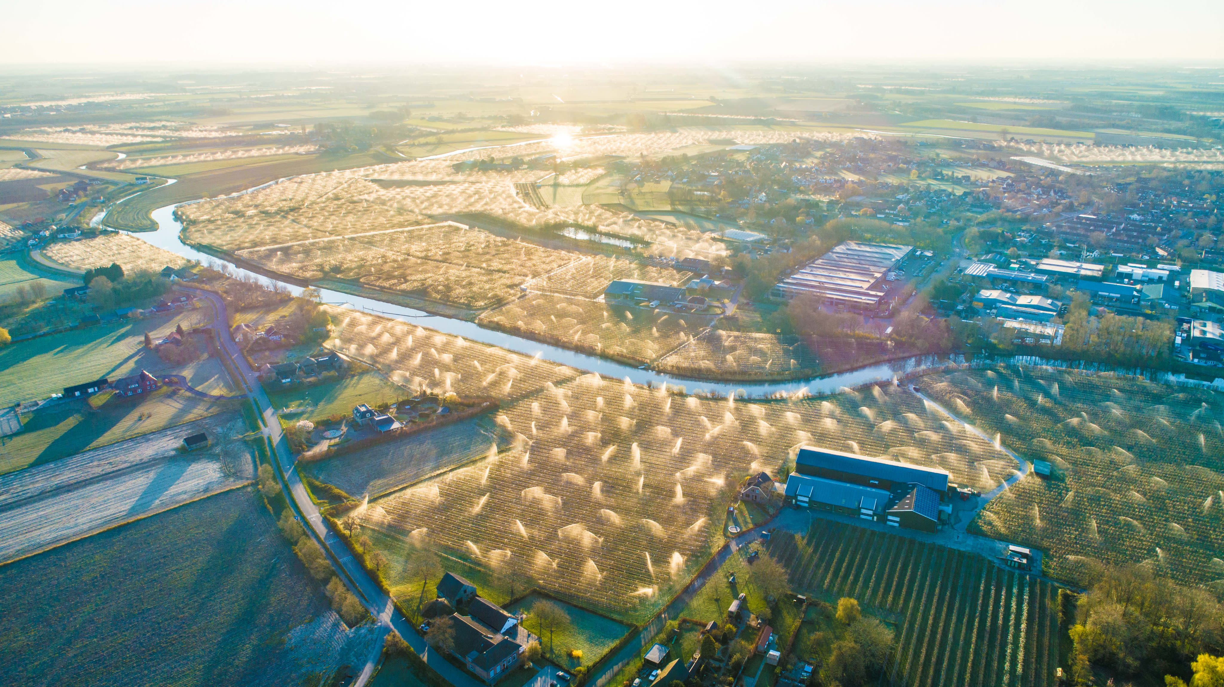 Fruittelers besproeien boomgaard om te voorkomen dat knoppen kapotvriezen