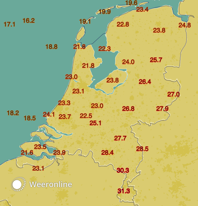 Maximumtemperatuur 19 mei 2022. Bron: Weeronline.