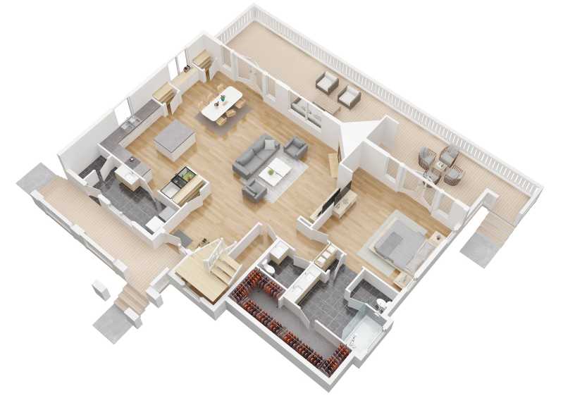 The 3D version of Up Dog's main level floor plan.