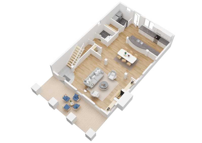 The 3D version of the 1696 main level floor plan.