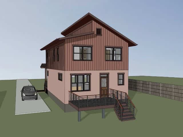 The driveway, large rear-facing windows, and back deck are displayed in this rendering of the right rear of the 1487 plan.
