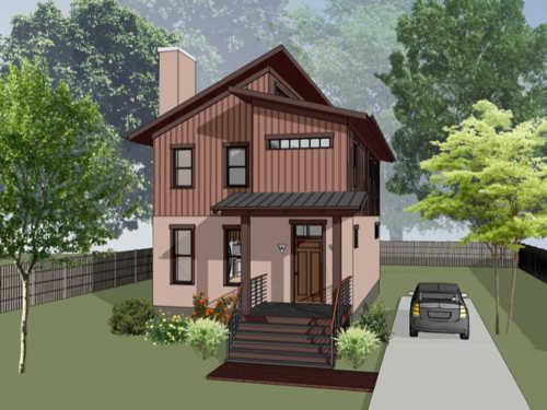 This front-facing rendering of the 1487 plan shows, from left to right, the chimney, split roofline with dormer window, covered stoop, and driveway.