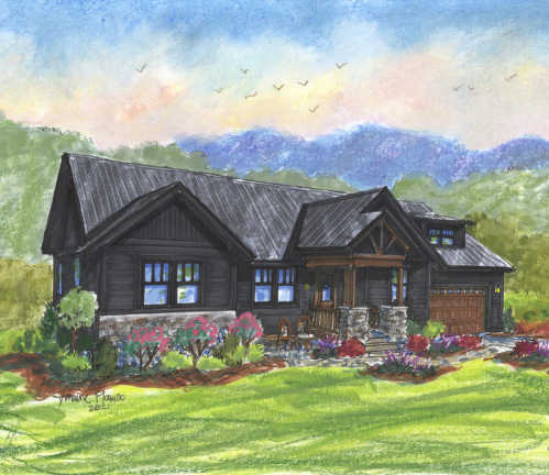 An exterior rendering of the Mountain Dog home plan by Sundog Homes.