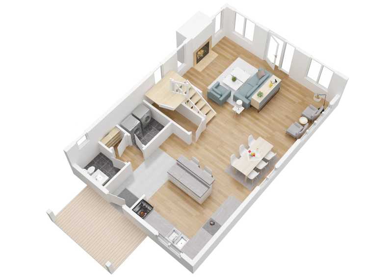 The 3D version of the 1463 main level floor plan.