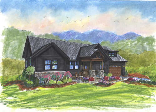Full-color illustration of the Mountain Dog home plan by Lorraine Plaxico.