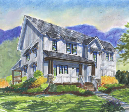 An exterior rendering of the Up Dog home plan by Sundog Homes.