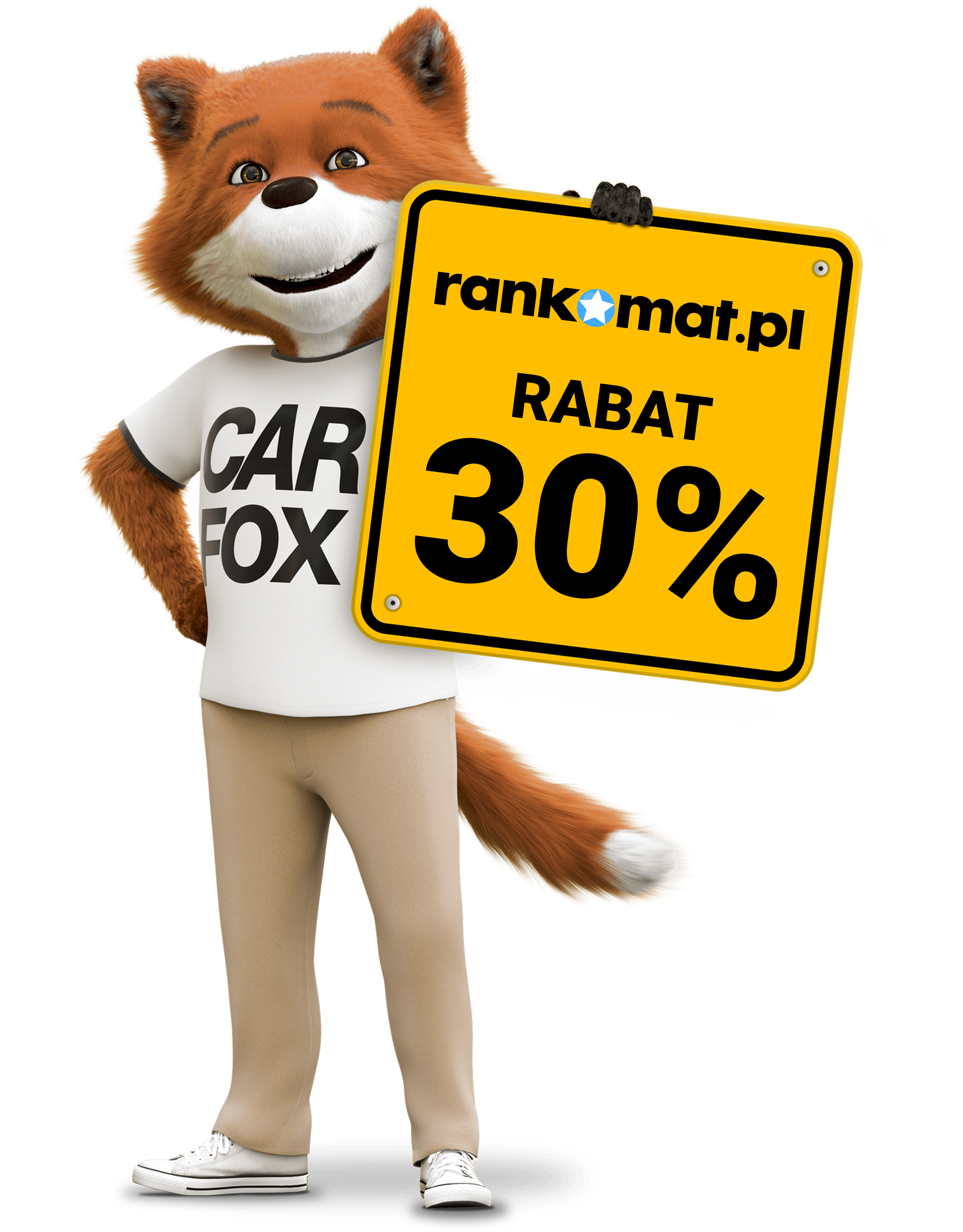CARFOX trzymający żółtą tablicę z napisem "rankomat.pl RABAT 30%" CARFOX trzymający żółtą tablicę z napisem "rankomat.pl RABAT 30%"