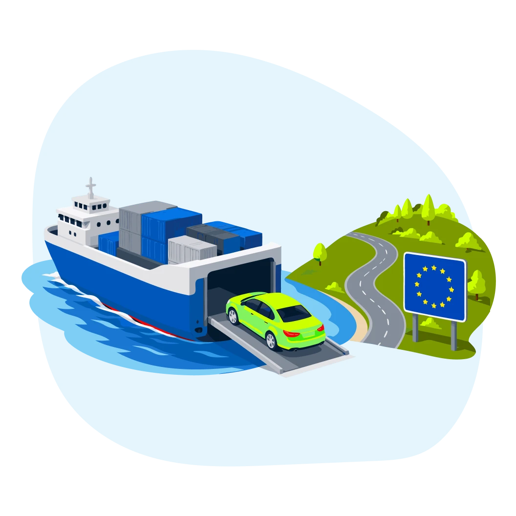 Illustration eines grünen Autos, das von einem Frachtschiff auf eine Straße mit EU-Schild gefahren wird. Illustration eines grünen Autos, das von einem Frachtschiff auf eine Straße mit EU-Schild gefahren wird.