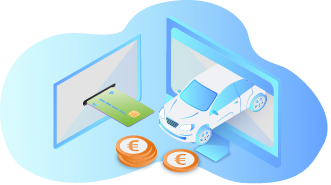 Illustratie van een auto die uit een scherm komt, met een betaalkaart en euromunten, symbool voor particuliere autokoop. Illustratie van een auto die uit een scherm komt, met een betaalkaart en euromunten, symbool voor particuliere autokoop.