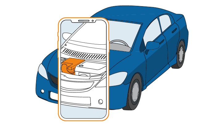 Pametni telefon v ospredju poudarja del pod pokrovom motorja modrega sedana. Pametni telefon v ospredju poudarja del pod pokrovom motorja modrega sedana.