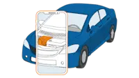 Smartphone-Overlay hebt einen Bereich unter der Motorhaube eines blauen Pkw hervor. Smartphone-Overlay hebt einen Bereich unter der Motorhaube eines blauen Pkw hervor.