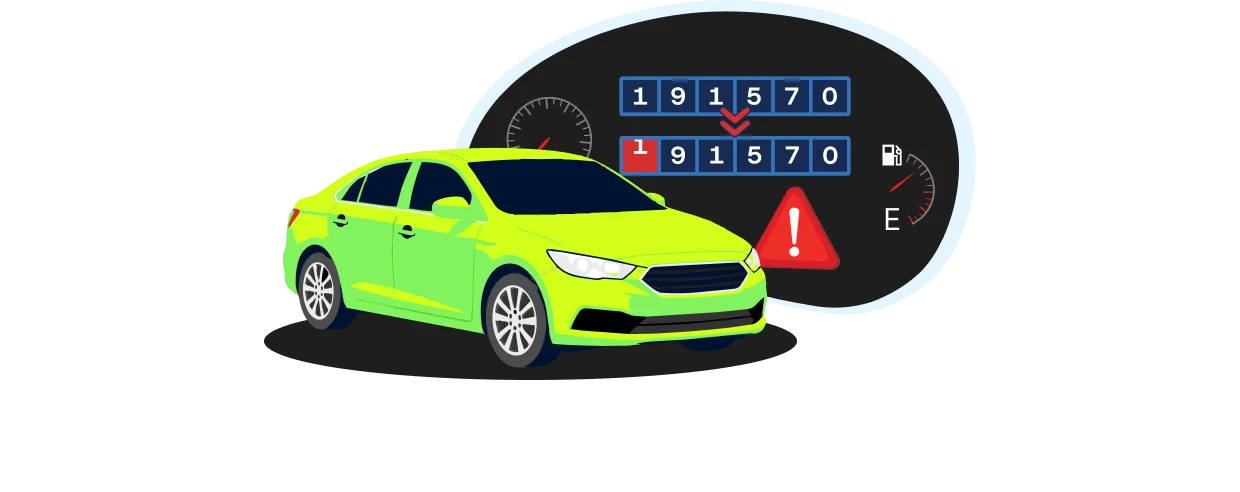 Illustration eines grünen Autos mit Kilometerstandsanzeigen und Warnsymbol für eine mögliche Kilometerstandsmanipulation.
