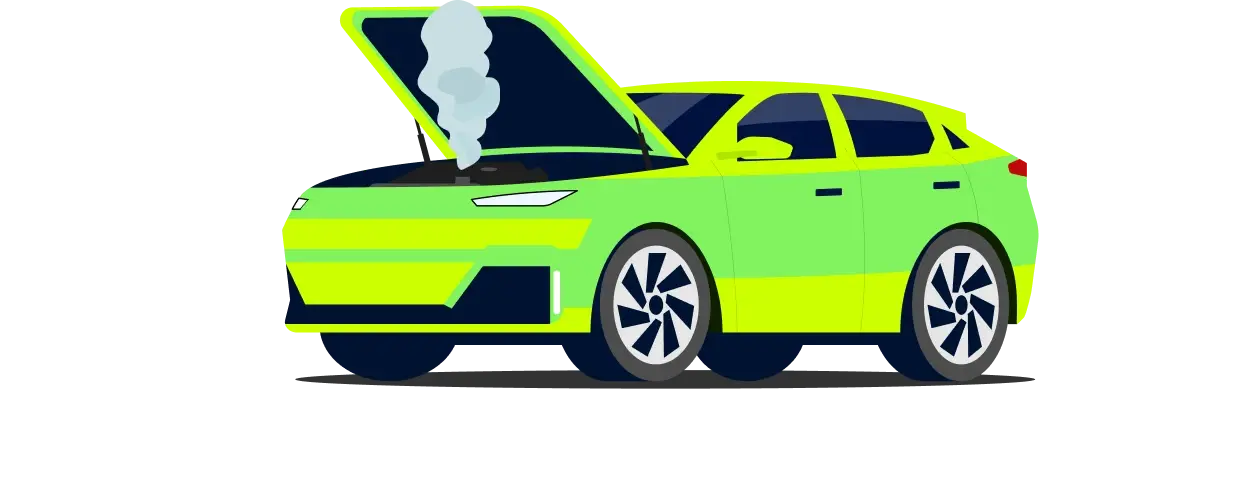 Ein grünes Auto mit geöffneter Motorhaube und Rauch aus dem Motorraum.