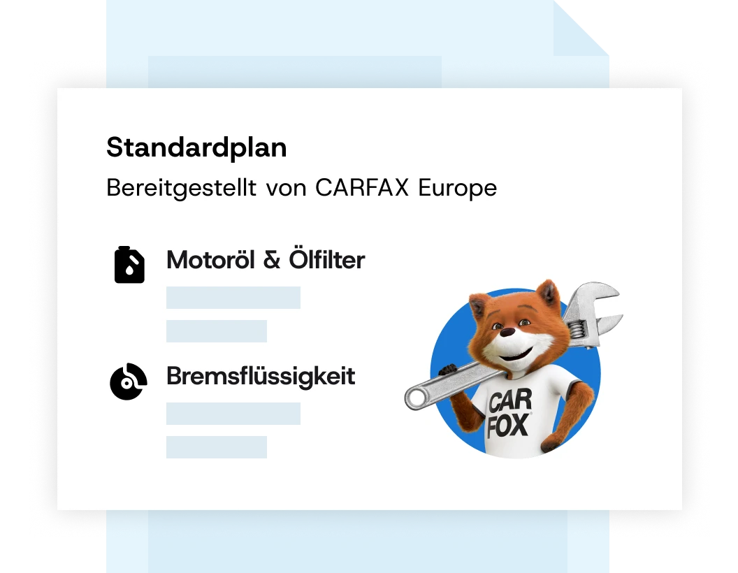 Illustration eines Standard-Wartungsplans von CARFAX Europe mit Servicepunkten für Motoröl, Ölfilter und Bremsflüssigkeit sowie CAR FOX mit Schraubenschlüssel. Illustration eines Standard-Wartungsplans von CARFAX Europe mit Servicepunkten für Motoröl, Ölfilter und Bremsflüssigkeit sowie CAR FOX mit Schraubenschlüssel.