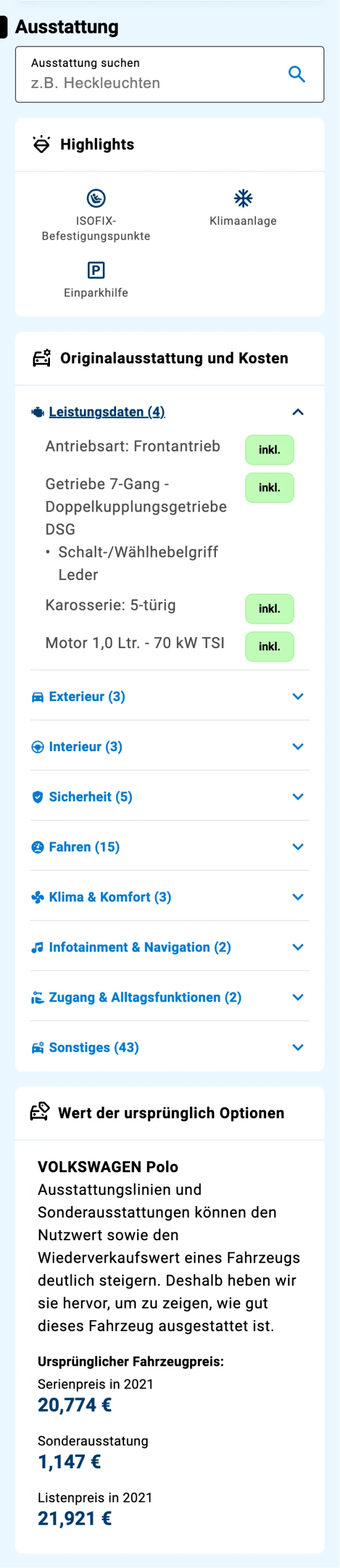 Screenshot des Ausstattungsbereichs im CARFAX Report mit Suchfeld und Fahrzeug-Highlights wie ISOFIX-Befestigungspunkten, Klimaanlage und Einparkhilfe. Screenshot des Ausstattungsbereichs im CARFAX Report mit Suchfeld und Fahrzeug-Highlights wie ISOFIX-Befestigungspunkten, Klimaanlage und Einparkhilfe.